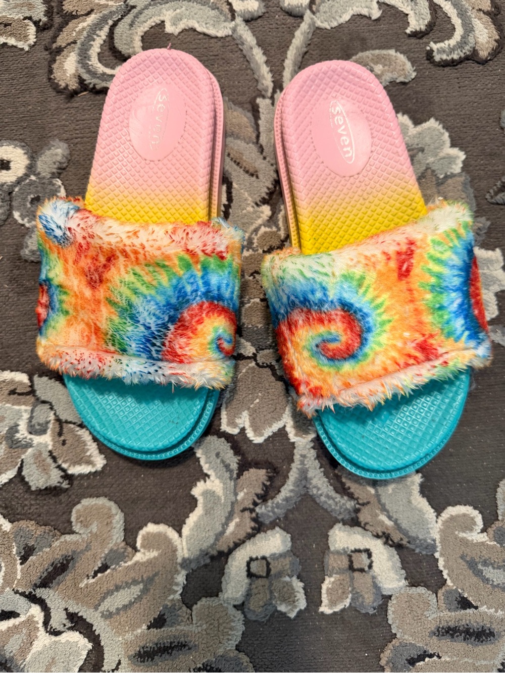 Seven7 WomenRainbow Tie-Dye Fuzzy Slide Sandals - Pink/Yellow/Teal